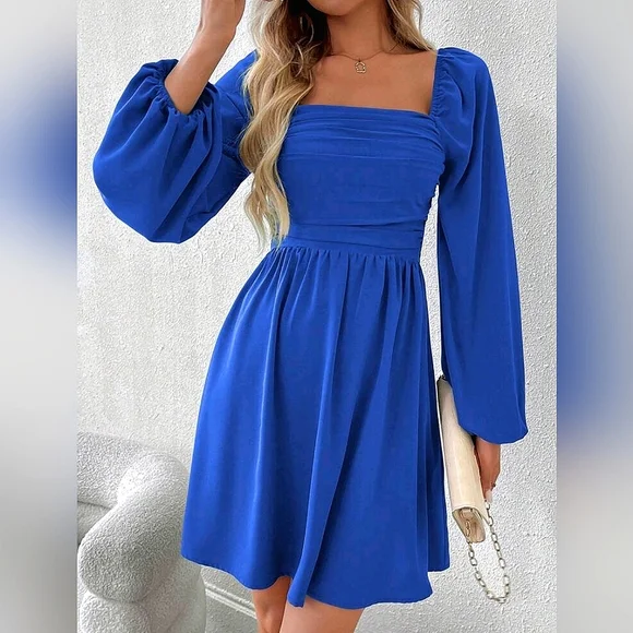 Dresses | New Chic Ruched Square Neck Lantern Sleeve Short Dress Royal Blue  | Poshmark